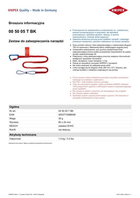 ZESTAW DO ZABEZPIECZANIA NARZĘDZI, ELASTYCZNY PASEK KNIPEX ZESTAW DO ZABEZPIECZANIA NARZĘDZI, ELASTYCZNY PASEK KNIPEX