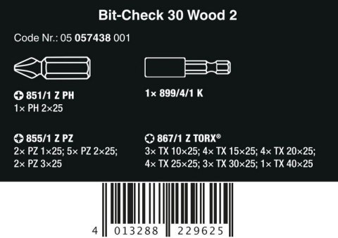 ZESTAW BITÓW BIT-CHECK 30 WOOD 2 SB, 30 CZ. WERA ZESTAW BITÓW BIT-CHECK 30 WOOD 2 SB, 30 CZ. WERA