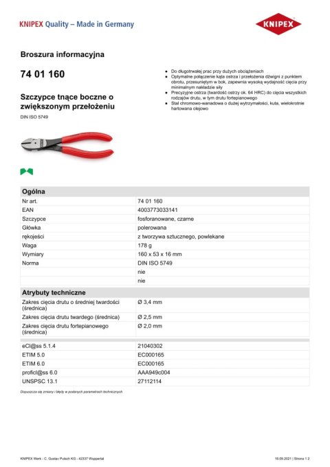 SZCZYPCE TNĄCE BOCZNE O ZWIĘKSZONYM PRZEŁOŻENIU 160MM KNIPEX