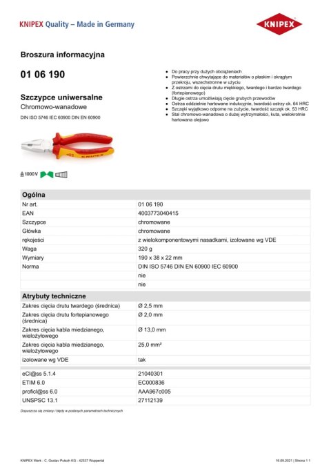 SZCZYPCE UNIWERSALNE VDE 1000V 190MM KNIPEX SZCZYPCE UNIWERSALNE VDE 1000V 190MM KNIPEX