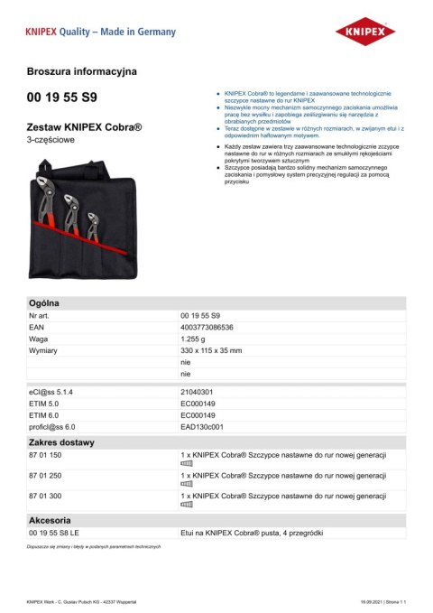 ZESTAW SZCZYPIEC DO RUR W ETUI 3-CZĘŚCIOWY 150,250,300MM KNIPEX