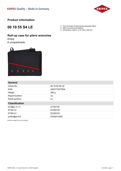 ETUI ZWIJANE NA KLUCZE, 5 PRZEGRÓDEK KNIPEX ETUI ZWIJANE NA KLUCZE, 5 PRZEGRÓDEK KNIPEX