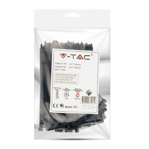 Opaska Zaciskowa V-TAC 2.5x100mm Czarna 8kg Nylon66 (Opak. 100szt) Opaska Zaciskowa V-TAC 2.5x100mm Czarna 8kg Nylon66 (Opak. 100szt)