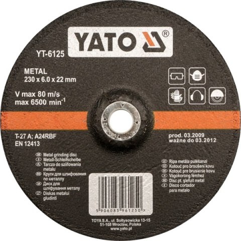 YATO TARCZA DO SZLIFOWANIA METALU 125x6,0x22mm 6124 YATO TARCZA DO SZLIFOWANIA METALU 125x6,0x22mm 6124