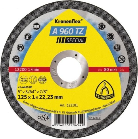 KLINGSPOR TARCZA DO CIĘCIA METALU 125mm x 1,0mm x 22,2mm A960 TZ Special KLINGSPOR TARCZA DO CIĘCIA METALU 125mm x 1,0mm x 22,2mm A960 TZ Special