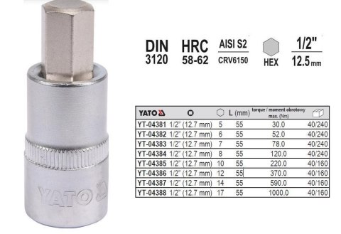 YATO KLUCZ TRZPIENIOWY IMBUSOWY/HEX 1/2" 12x55mm YATO KLUCZ TRZPIENIOWY IMBUSOWY/HEX 1/2" 12x55mm