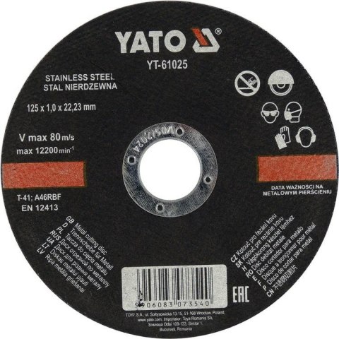 YATO TARCZA DO METALU INOX 125x1,0x22mm 61025 YATO TARCZA DO METALU INOX 125x1,0x22mm 61025