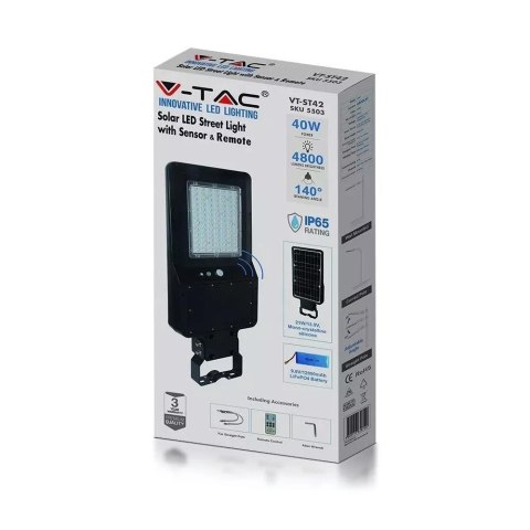 Oprawa Uliczna Solarna V-TAC 40W LED Czarna IP65 120Lm/W VT-ST42 6000K 4800lm 3 Lata Gwarancji Oprawa Uliczna Solarna V-TAC 40W LED Czarna IP65 120Lm/W VT-ST42 6000K 4800lm 3 Lata Gwarancji