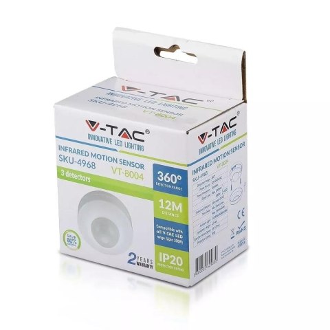 Czujnik Ruchu 360st Sufitowy na podczerwień Biały V-TAC VT-8004 Czujnik Ruchu 360st Sufitowy na podczerwień Biały V-TAC VT-8004