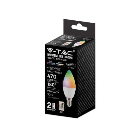Żarówka LED V-TAC 4,8W E14 Świeczka Pilot VT-2214-N-1 RGB+4000K 320lm Żarówka LED V-TAC 4,8W E14 Świeczka Pilot VT-2214-N-1 RGB+4000K 320lm