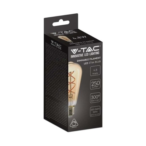 Żarówka LED V-TAC 4,8W E27 Filament Bursztyn Vintage ST64 Ściemnialna VT-2065 2200K 250lm Żarówka LED V-TAC 4,8W E27 Filament Bursztyn Vintage ST64 Ściemnialna VT-2065 2200K 250lm