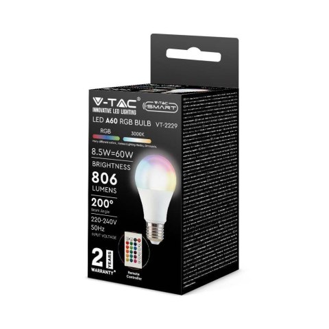 Żarówka LED V-TAC 8,5W E27 A60 Pilot VT-2229-N-1 RGB+4000K 806lm Żarówka LED V-TAC 8,5W E27 A60 Pilot VT-2229-N-1 RGB+4000K 806lm