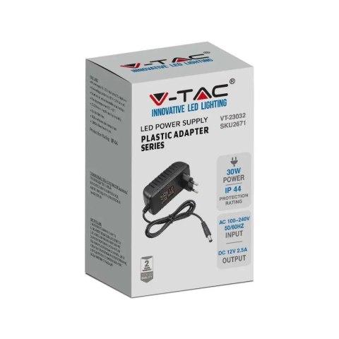 Zasilacz LED V-TAC 30W 12V Wtyczkowy 2.5A IP44 do gniazdka Filtr EMI VT-23032 Zasilacz LED V-TAC 30W 12V Wtyczkowy 2.5A IP44 do gniazdka Filtr EMI VT-23032