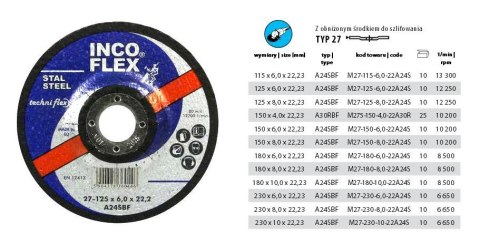 INCOFLEX TARCZA DO SZLIFOWANIA METALU 230 x 6,0 x 22,2mm WYPUKŁA INCOFLEX TARCZA DO SZLIFOWANIA METALU 230 x 6,0 x 22,2mm WYPUKŁA