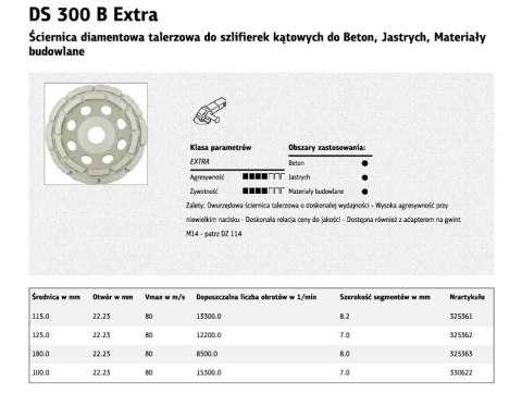 KLINGSPOR TARCZA DIAMENTOWA DO SZLIFOWANIA BETONU, DS300B 125mm x 22,2mm SEGMENTOWA KLINGSPOR TARCZA DIAMENTOWA DO SZLIFOWANIA BETONU, DS300B 125mm x 22,2mm SEGMENTOWA