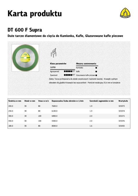 KLINGSPOR TARCZA DIAMENTOWA PEŁNA 250mm x 1,9mm x 30/25,4mm DT600F DO CERAMIKI KLINGSPOR TARCZA DIAMENTOWA PEŁNA 250mm x 1,9mm x 30/25,4mm DT600F DO CERAMIKI
