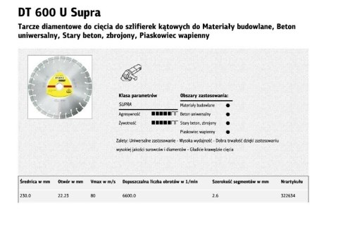 KLINGSPOR TARCZA DIAMENTOWA SEGMENTOWA 230mm x 2,6mm x 22,2mm SUPRA DT600U, BETON ZBROJONY KLINGSPOR TARCZA DIAMENTOWA SEGMENTOWA 230mm x 2,6mm x 22,2mm SUPRA DT600U, BETON ZBROJONY