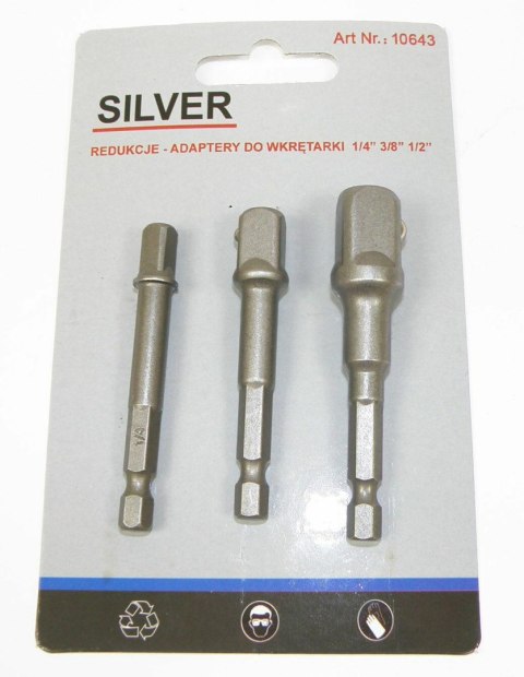 SILVER KOMPLET ADAPTERÓW / UCHWYTÓW DO NASADEK 3szt. 1/2-3/8-1/4" SILVER KOMPLET ADAPTERÓW / UCHWYTÓW DO NASADEK 3szt. 1/2-3/8-1/4"