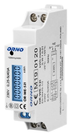 ORNO 1-fazowy licznik energii elektrycznej, 40A, MID, wyjście impulsowe, podświetlenie, 1 moduł ORNO 1-fazowy licznik energii elektrycznej, 40A, MID, wyjście impulsowe, podświetlenie, 1 moduł