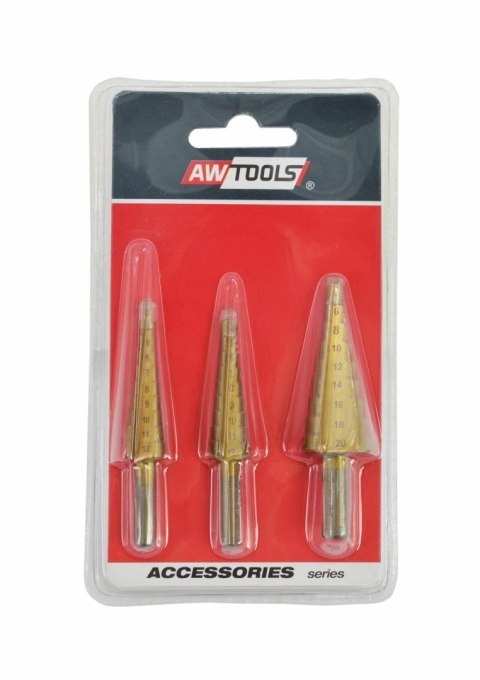 AWTOOLS WIERTŁA STOPNIOWE HSS-TIN KOMPLET 3 SZTUKOWY / 3-12mm / 4-12mm / 4-20mm AWTOOLS WIERTŁA STOPNIOWE HSS-TIN KOMPLET 3 SZTUKOWY / 3-12mm / 4-12mm / 4-20mm
