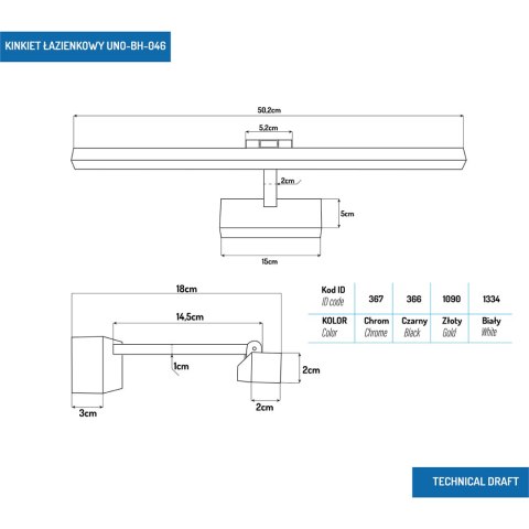 Kinkiet LED łazienkowy 50cm 12W złoty 4000K UNO-BH-046 IP44 Kinkiet LED łazienkowy 50cm 12W złoty 4000K UNO-BH-046 IP44