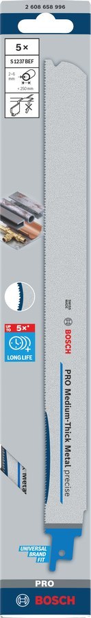 BOSCH BRZESZCZOT DO PIŁY SZABLASTEJ PRO MEDIUM-THICK METAL PRECISE S1237BEF 1,1 x 25 x 300mm /5szt. BOSCH BOSCH BRZESZCZOT DO PIŁY SZABLASTEJ PRO MEDIUM-THICK METAL PRECISE S1237BEF 1,1 x 25 x 300mm /5szt. BOSCH