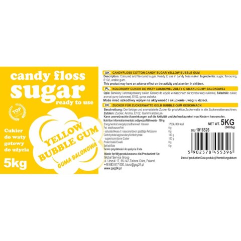Kolorowy cukier do waty cukrowej żółty o smaku gumy balonowej 5kg Kolorowy cukier do waty cukrowej żółty o smaku gumy balonowej 5kg