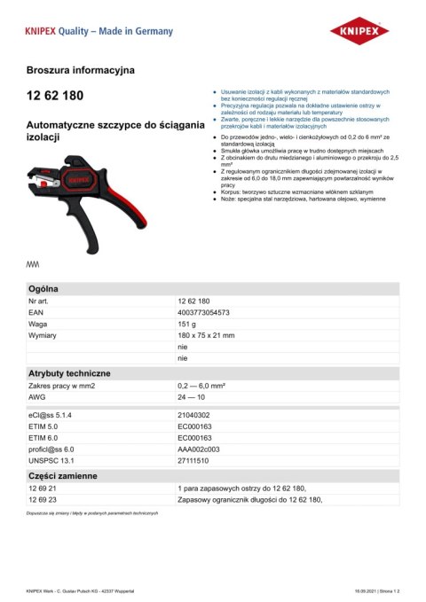 SZCZYPCE AUTOMATYCZNE DO ŚCIĄGANIA IZOLACJI STRIPPERS KNIPEX SZCZYPCE AUTOMATYCZNE DO ŚCIĄGANIA IZOLACJI STRIPPERS KNIPEX